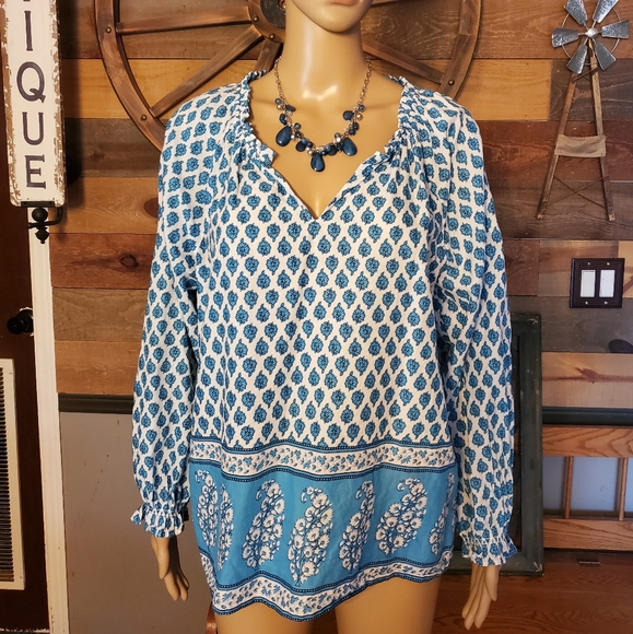 J. Crew White & Blue Block-Print Artist Top - Picture 3 of 13